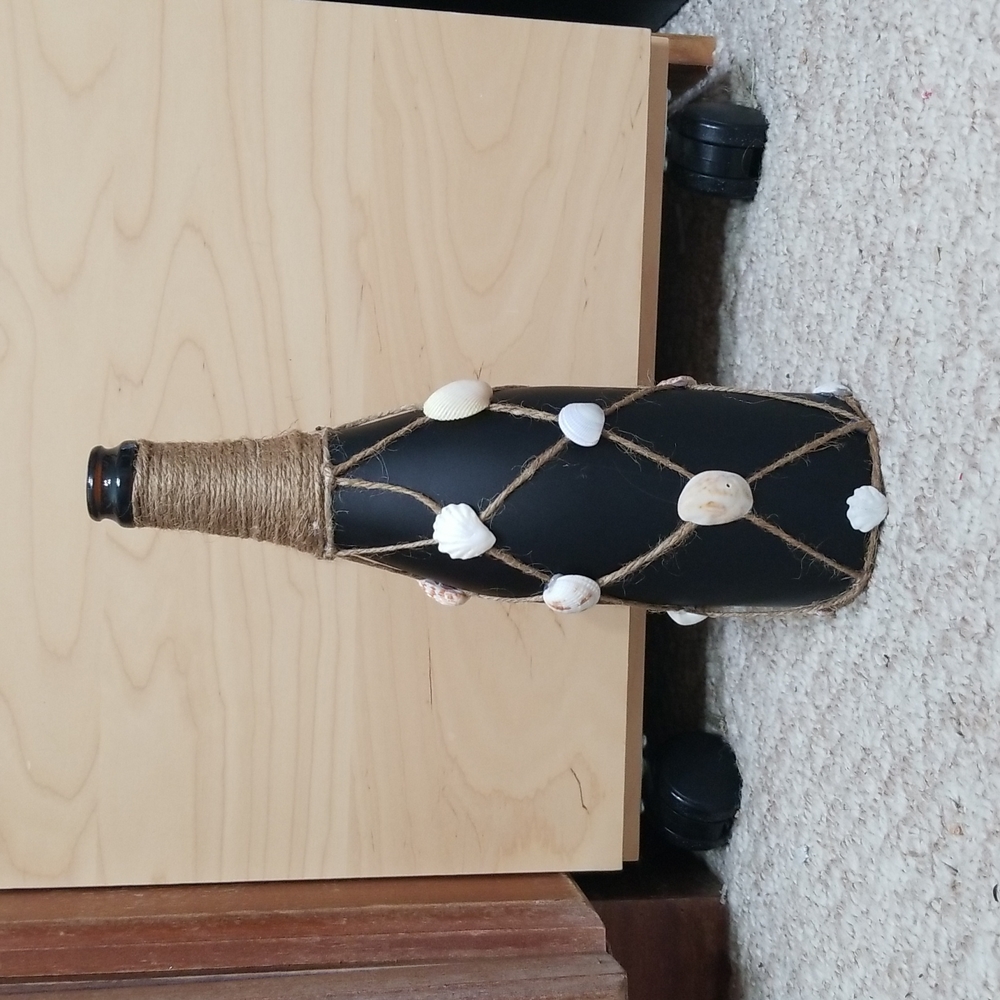 Nautical Black Bottle Twine Netted w/ Sea Shells Decor